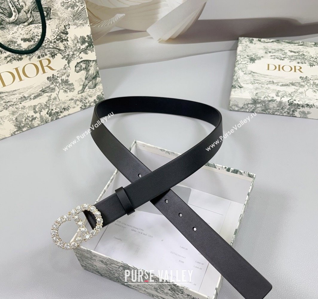 Dior Calfskin Leather Belt 3cm with Strass CD Buckle Black/Gold 2025 0108 (99-250108046)