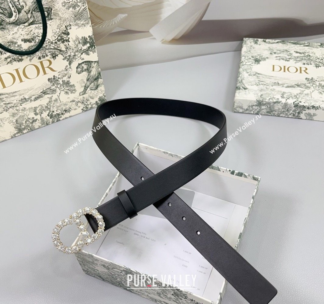 Dior Calfskin Leather Belt 3cm with Strass CD Buckle Black/Gold 2025 0108 (99-250108046)