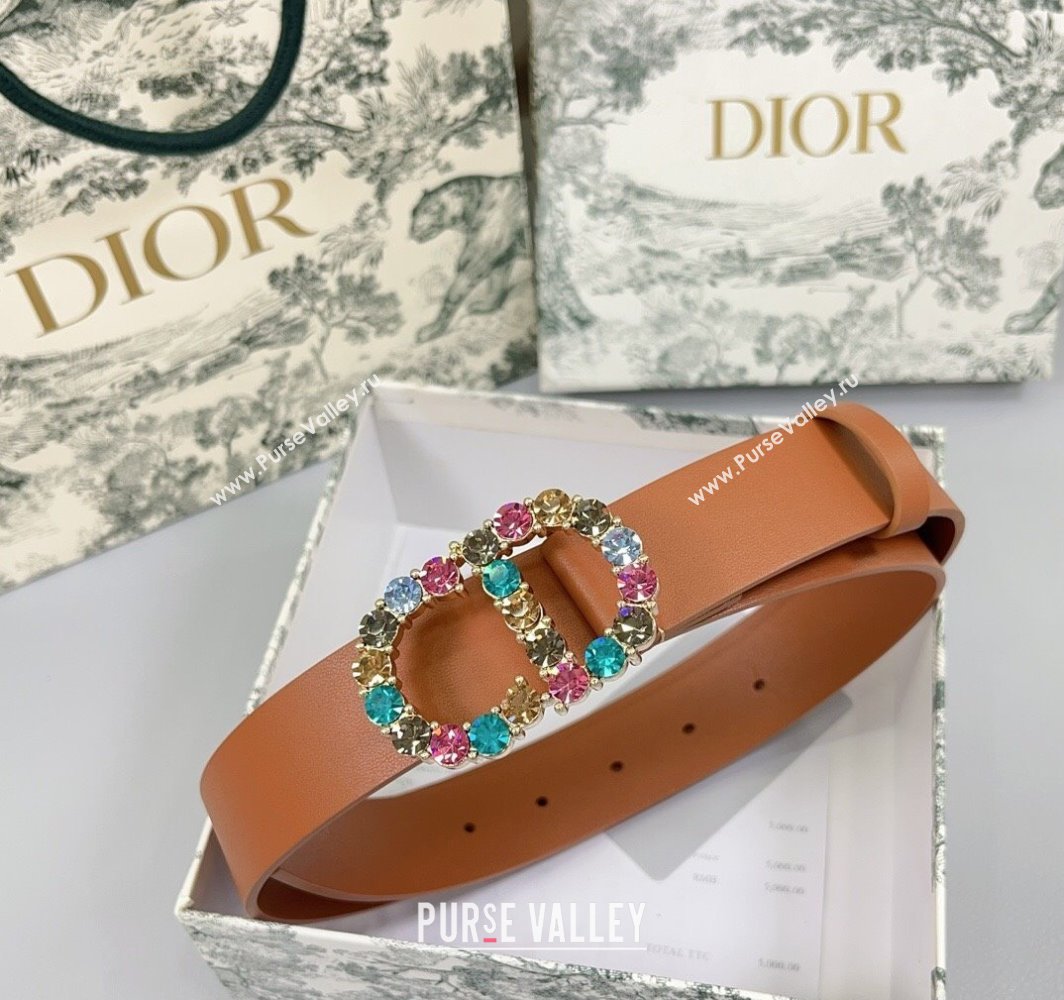 Dior Calfskin Leather Belt 3cm with Strass CD Buckle Brown 2025 0108 (99-250108054)