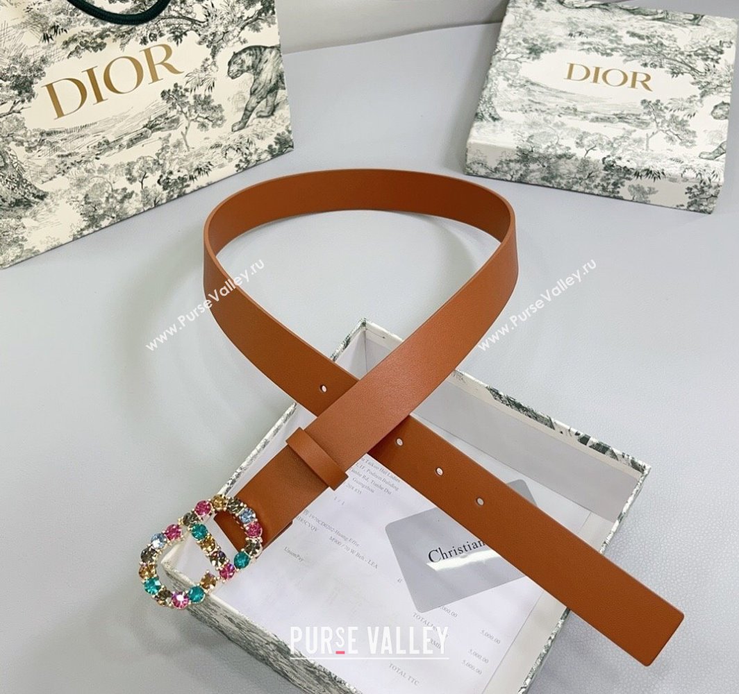 Dior Calfskin Leather Belt 3cm with Strass CD Buckle Brown 2025 0108 (99-250108054)