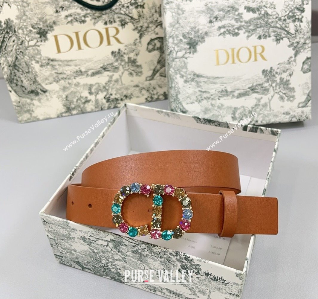 Dior Calfskin Leather Belt 3cm with Strass CD Buckle Brown 2025 0108 (99-250108054)