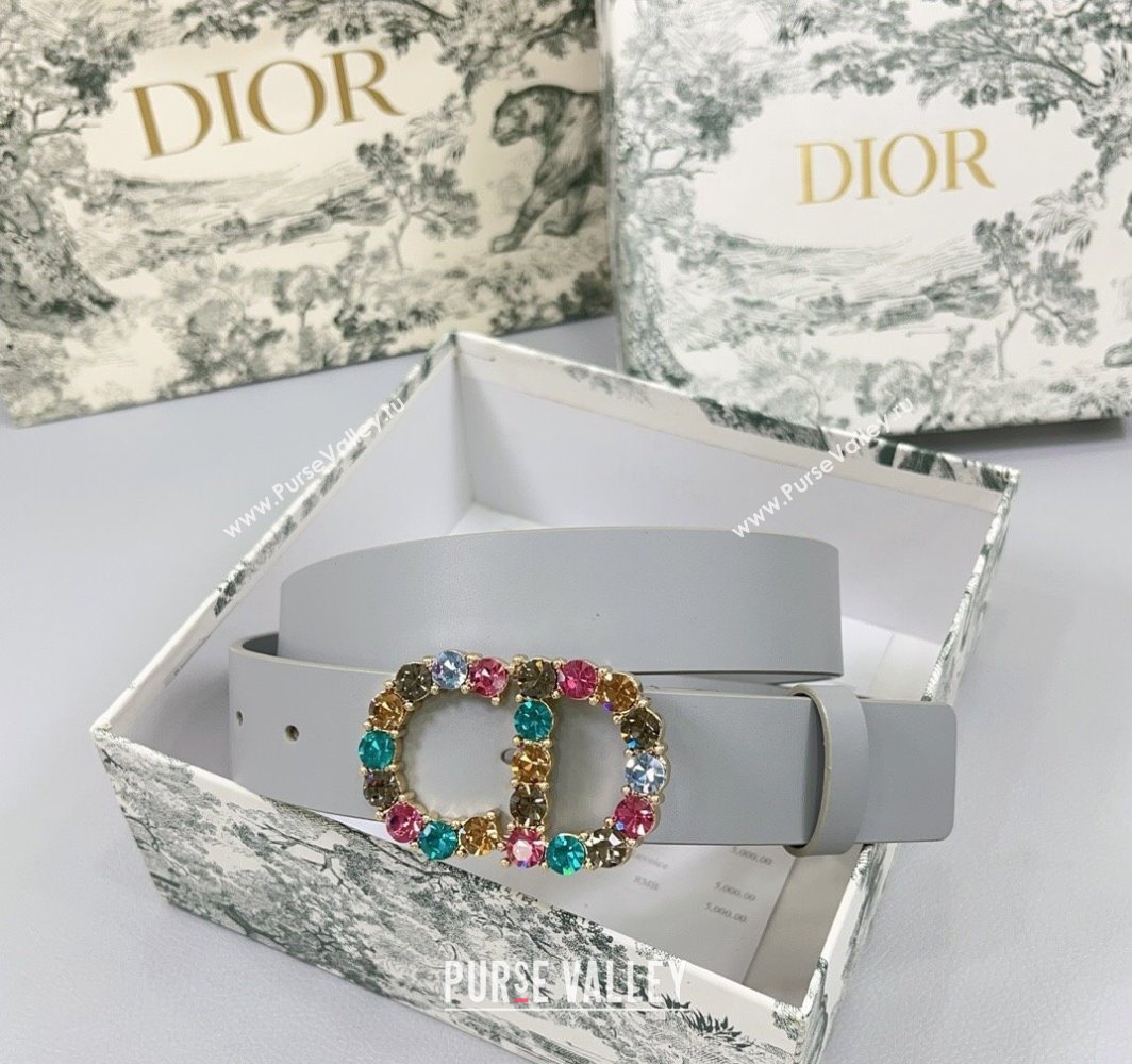 Dior Calfskin Leather Belt 3cm with Strass CD Buckle Grey 2025 0108 (99-250108055)