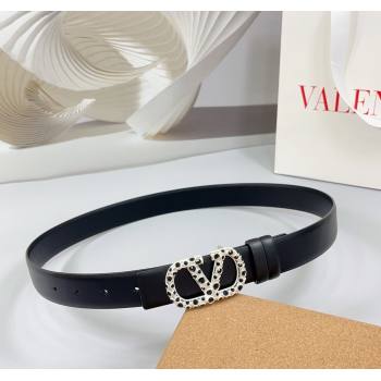 Valentino VLogo Calfskin Leather Belt 3cm with Stone Buckle Black2 2025 0108 (99-250108056)