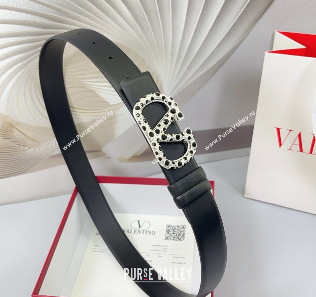 Valentino VLogo Calfskin Leather Belt 3cm with Stone Buckle Black2 2025 0108 (99-250108056)