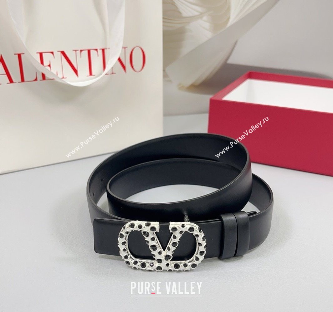 Valentino VLogo Calfskin Leather Belt 3cm with Stone Buckle Black2 2025 0108 (99-250108056)