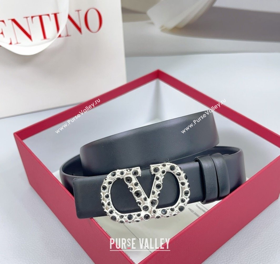 Valentino VLogo Calfskin Leather Belt 3cm with Stone Buckle Black2 2025 0108 (99-250108056)