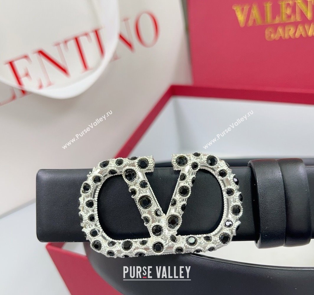 Valentino VLogo Calfskin Leather Belt 3cm with Stone Buckle Black2 2025 0108 (99-250108056)