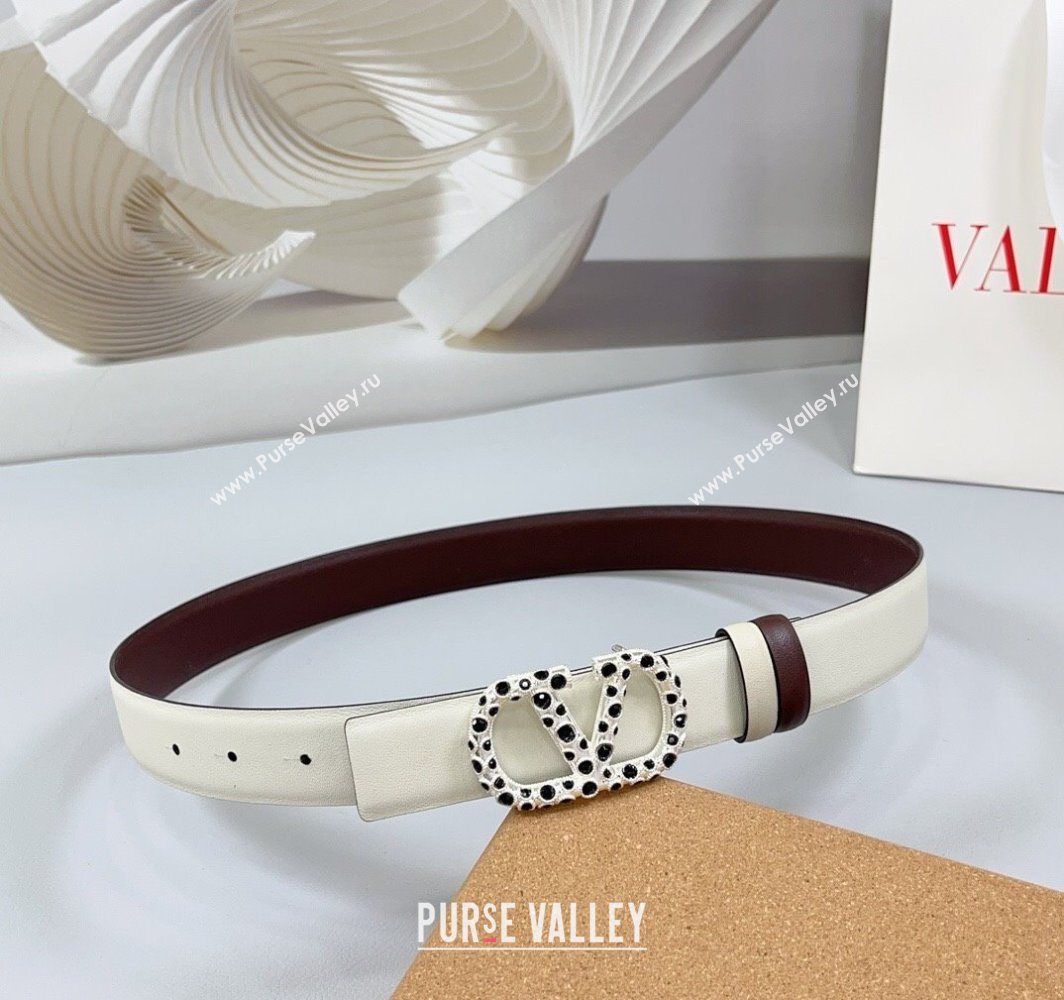 Valentino VLogo Calfskin Leather Belt 3cm with Stone Buckle White/Dark Brown 2025 0108 (99-250108060)