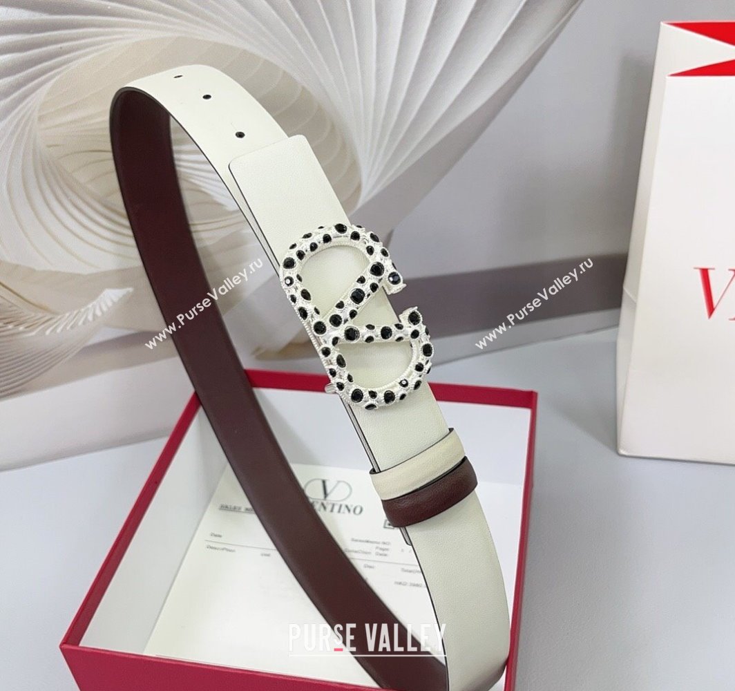 Valentino VLogo Calfskin Leather Belt 3cm with Stone Buckle White/Dark Brown 2025 0108 (99-250108060)