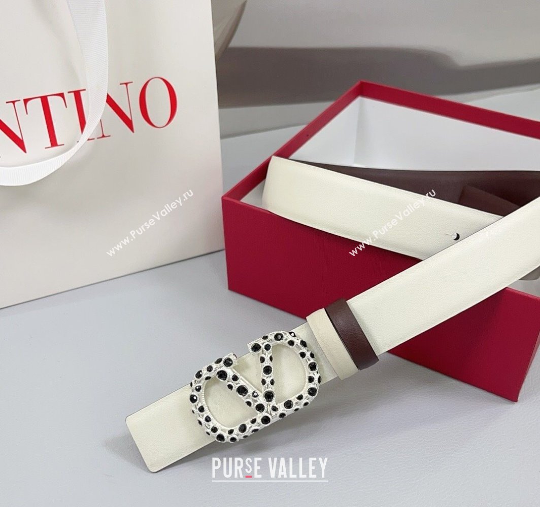 Valentino VLogo Calfskin Leather Belt 3cm with Stone Buckle White/Dark Brown 2025 0108 (99-250108060)