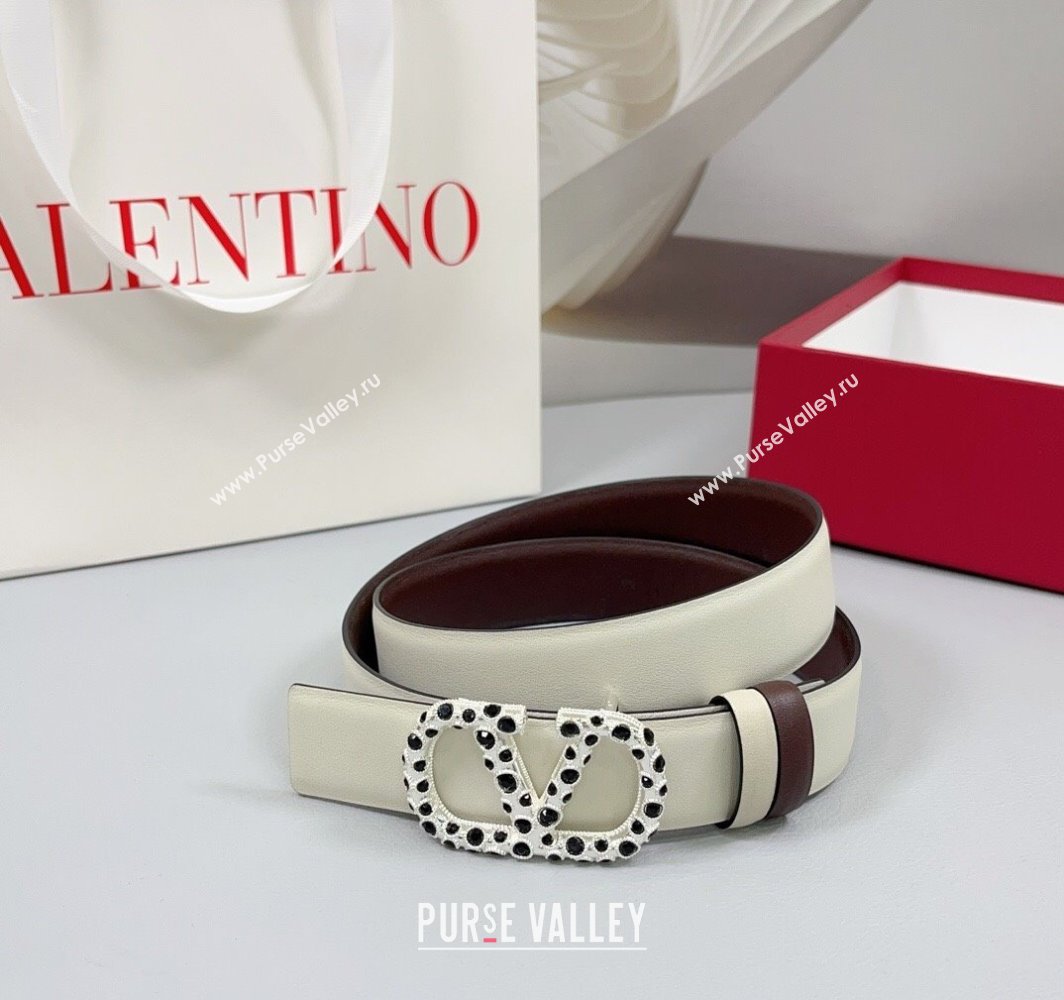 Valentino VLogo Calfskin Leather Belt 3cm with Stone Buckle White/Dark Brown 2025 0108 (99-250108060)