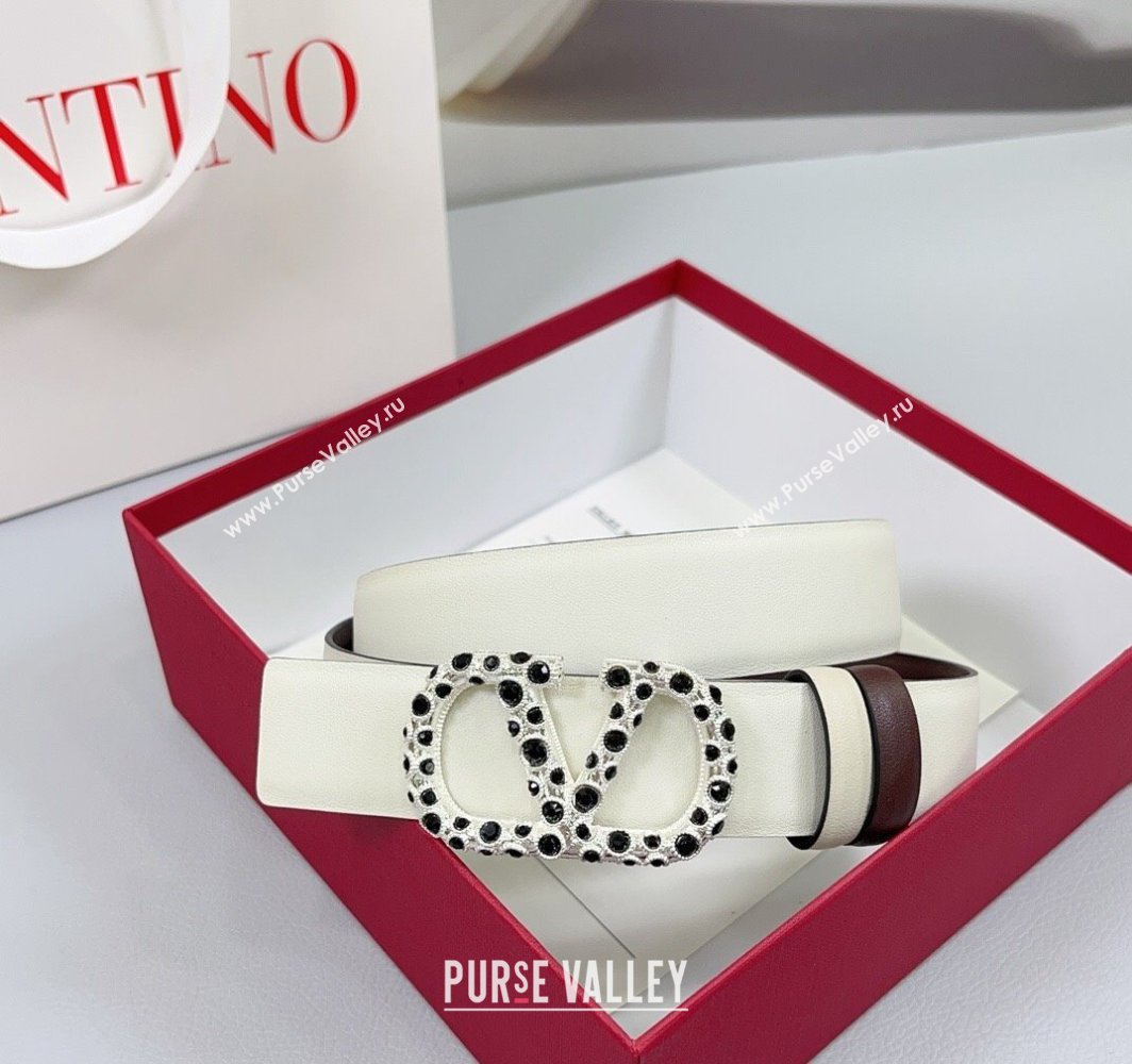 Valentino VLogo Calfskin Leather Belt 3cm with Stone Buckle White/Dark Brown 2025 0108 (99-250108060)