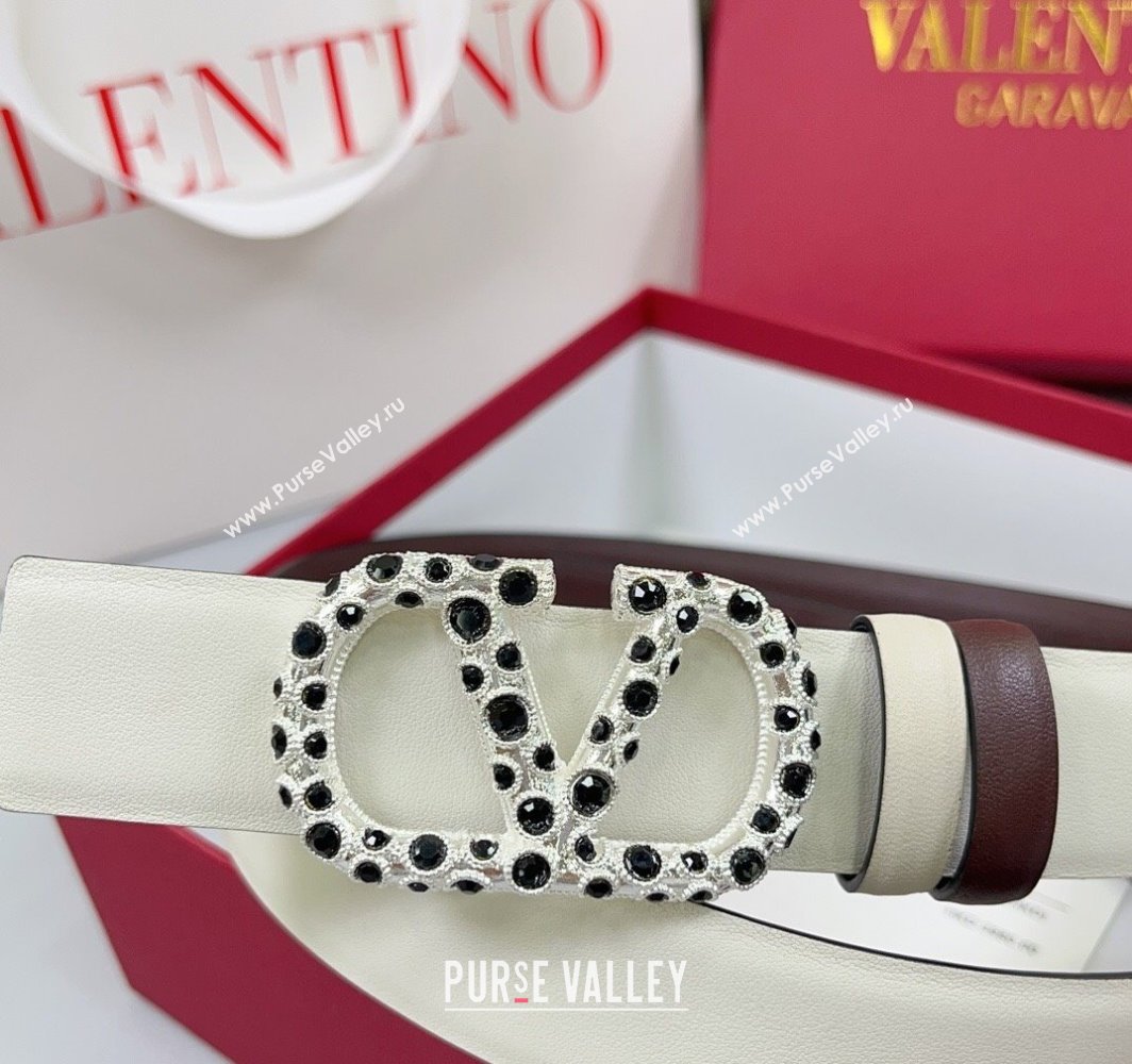 Valentino VLogo Calfskin Leather Belt 3cm with Stone Buckle White/Dark Brown 2025 0108 (99-250108060)