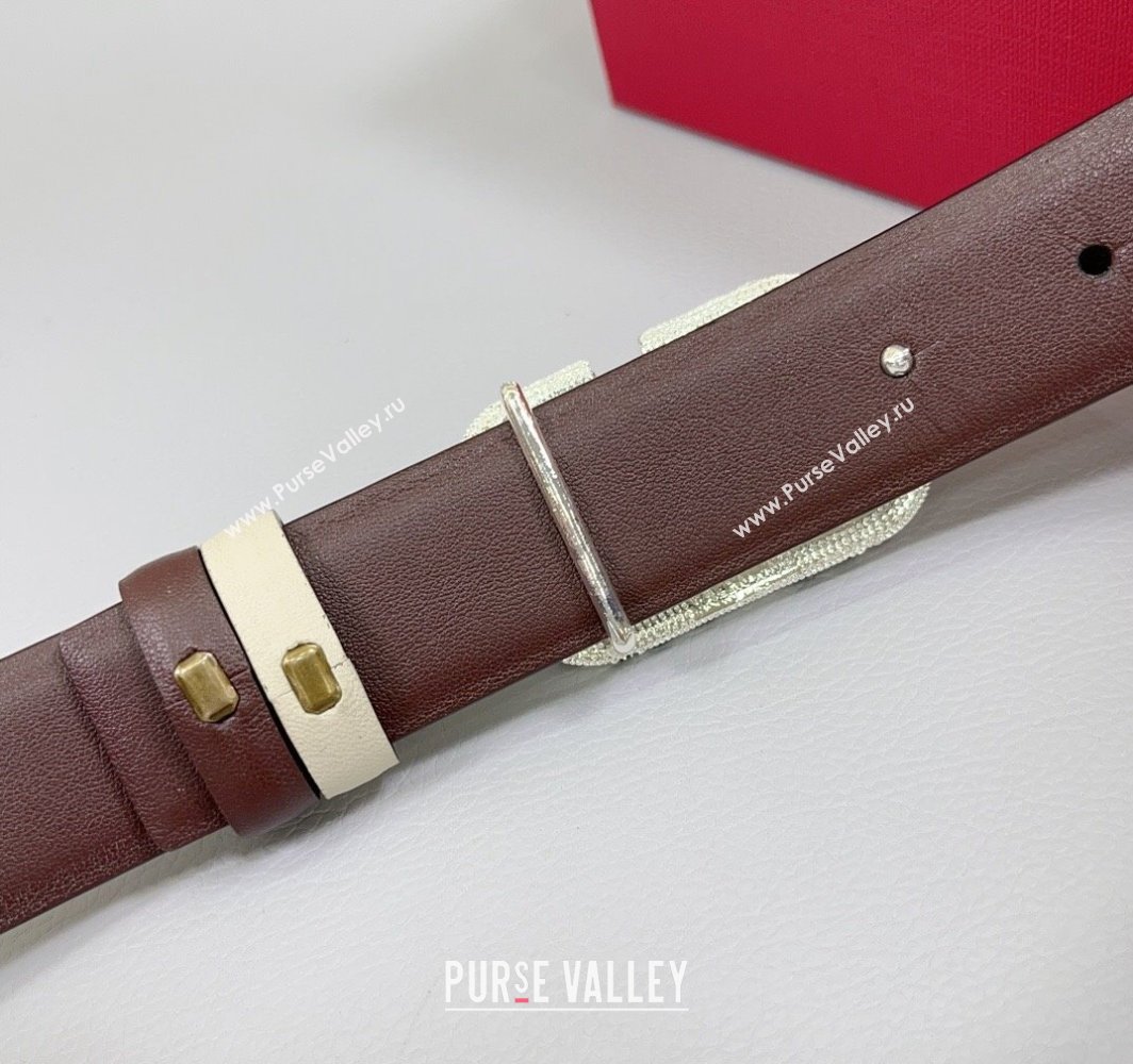 Valentino VLogo Calfskin Leather Belt 3cm with Stone Buckle White/Dark Brown 2025 0108 (99-250108060)