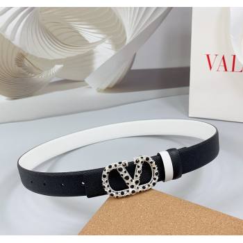 Valentino VLogo Grained Calfskin Leather Belt 3cm with Stone Buckle Black/White 2025 0108 (99-250108057)