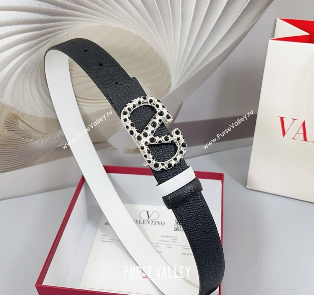 Valentino VLogo Grained Calfskin Leather Belt 3cm with Stone Buckle Black/White 2025 0108 (99-250108057)