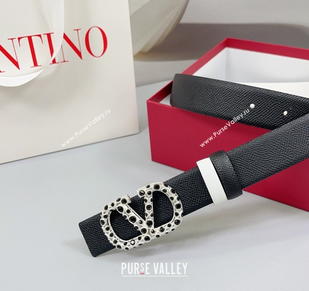 Valentino VLogo Grained Calfskin Leather Belt 3cm with Stone Buckle Black/White 2025 0108 (99-250108057)