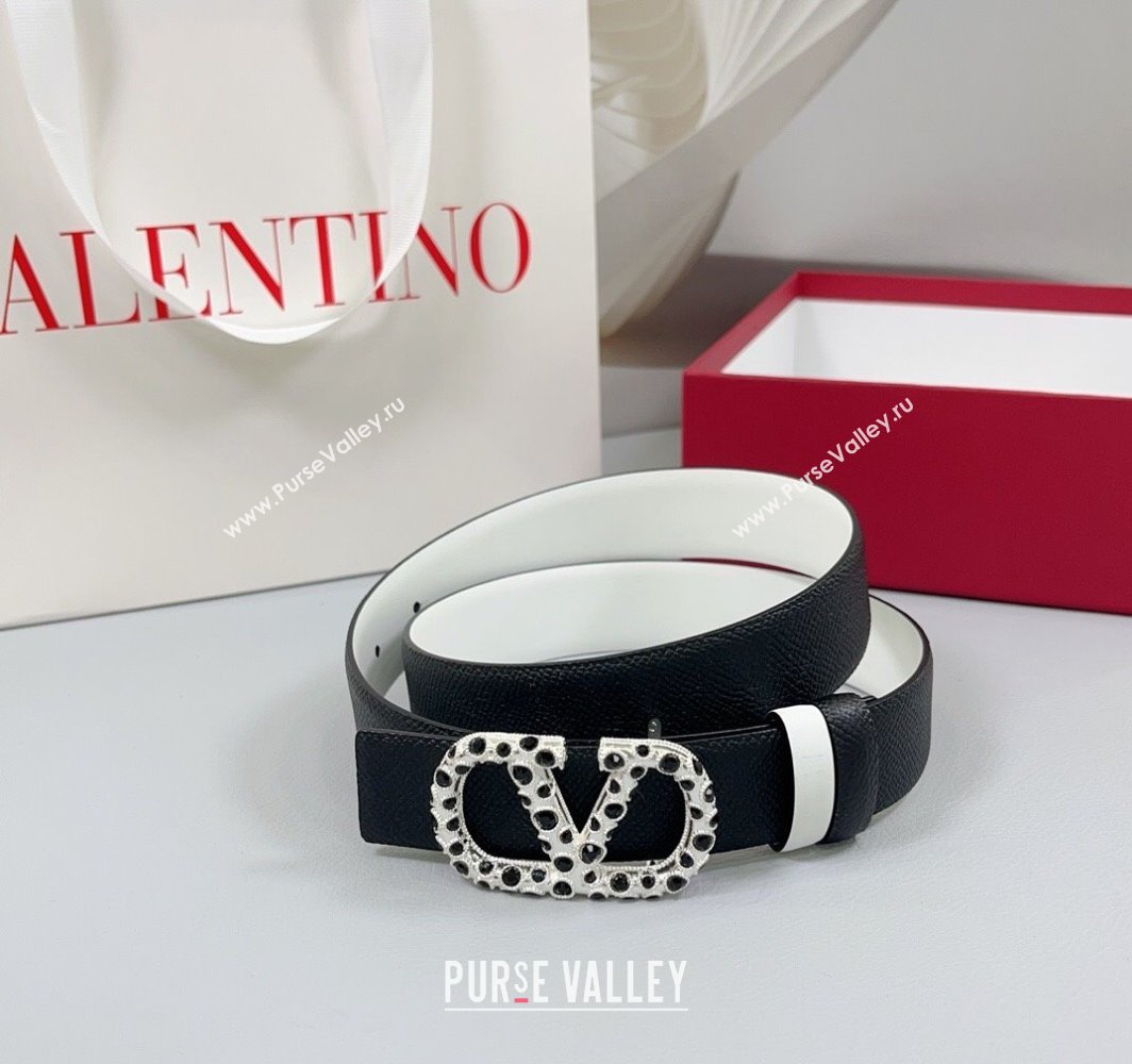 Valentino VLogo Grained Calfskin Leather Belt 3cm with Stone Buckle Black/White 2025 0108 (99-250108057)