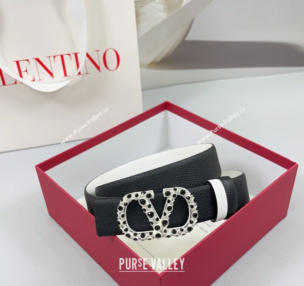 Valentino VLogo Grained Calfskin Leather Belt 3cm with Stone Buckle Black/White 2025 0108 (99-250108057)