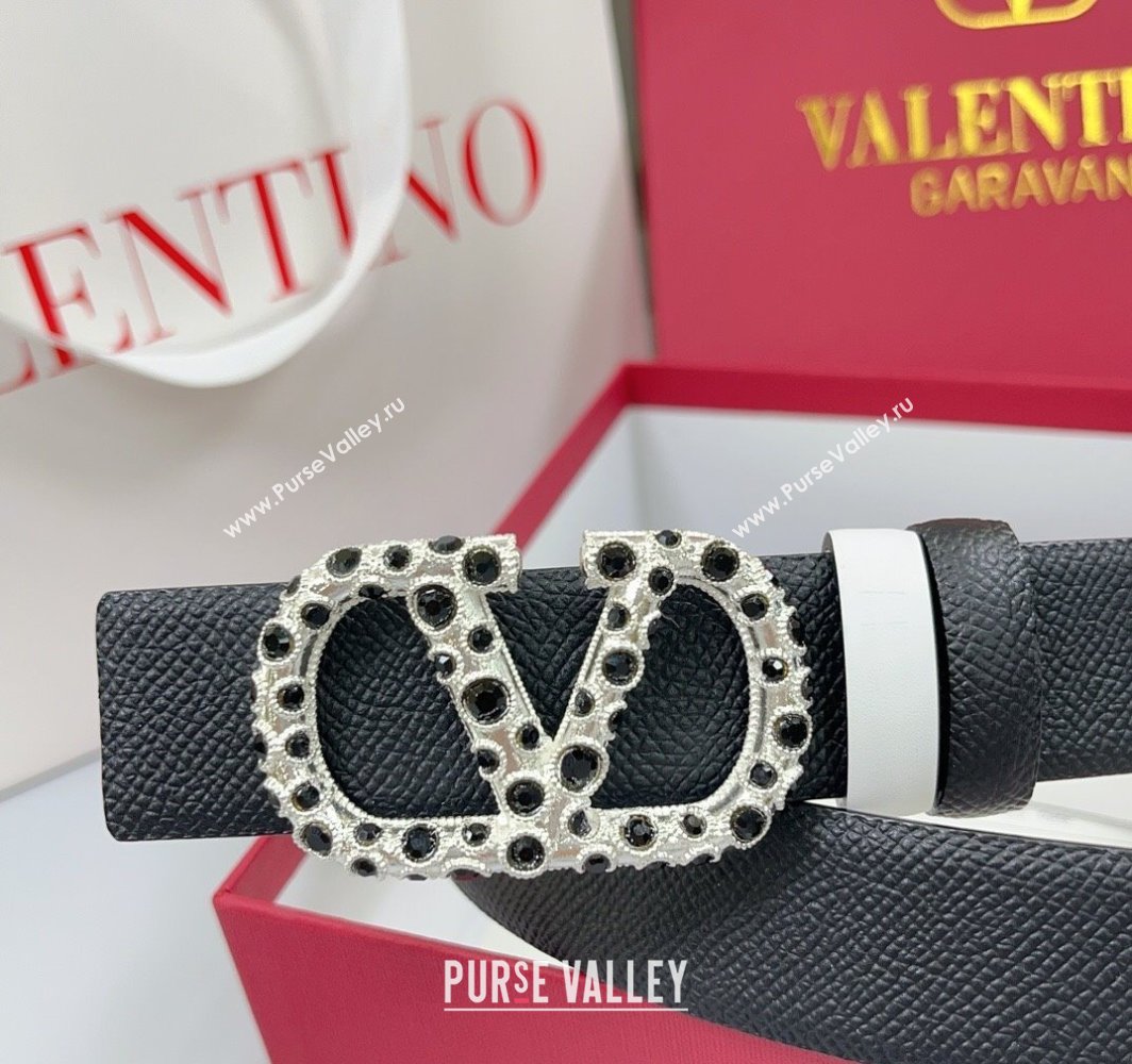 Valentino VLogo Grained Calfskin Leather Belt 3cm with Stone Buckle Black/White 2025 0108 (99-250108057)