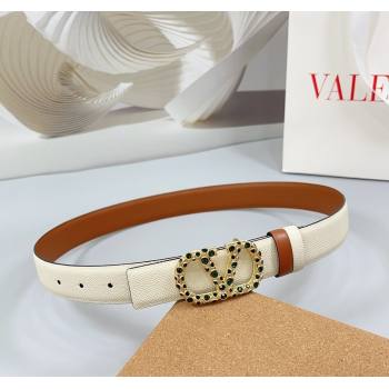 Valentino VLogo Grained Calfskin Leather Belt 3cm with Stone Buckle White/Brown 2025 0108 (99-250108061)