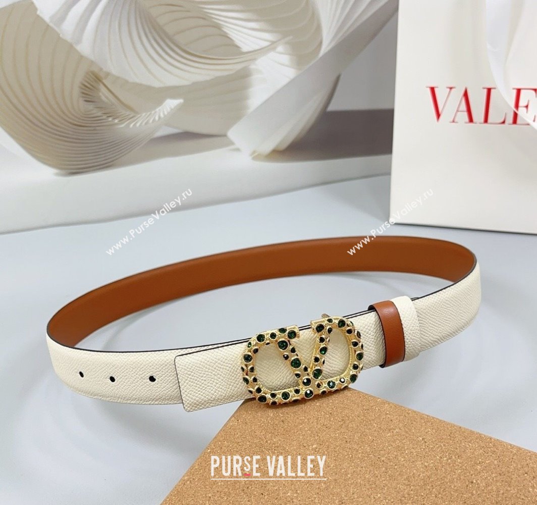 Valentino VLogo Grained Calfskin Leather Belt 3cm with Stone Buckle White/Brown 2025 0108 (99-250108061)