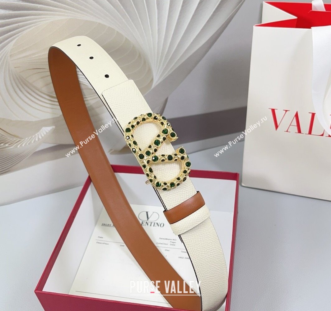 Valentino VLogo Grained Calfskin Leather Belt 3cm with Stone Buckle White/Brown 2025 0108 (99-250108061)