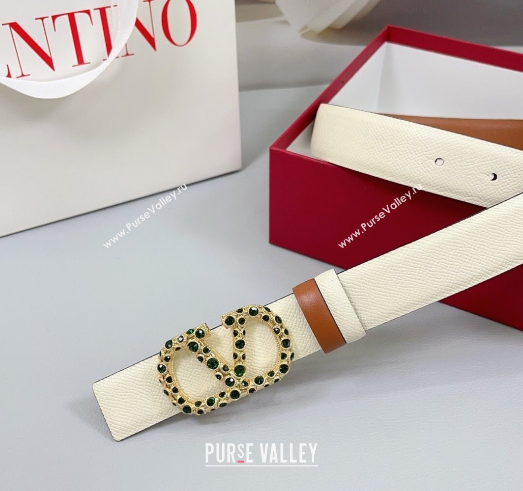 Valentino VLogo Grained Calfskin Leather Belt 3cm with Stone Buckle White/Brown 2025 0108 (99-250108061)