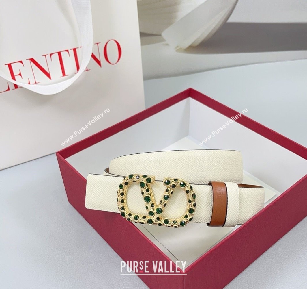 Valentino VLogo Grained Calfskin Leather Belt 3cm with Stone Buckle White/Brown 2025 0108 (99-250108061)