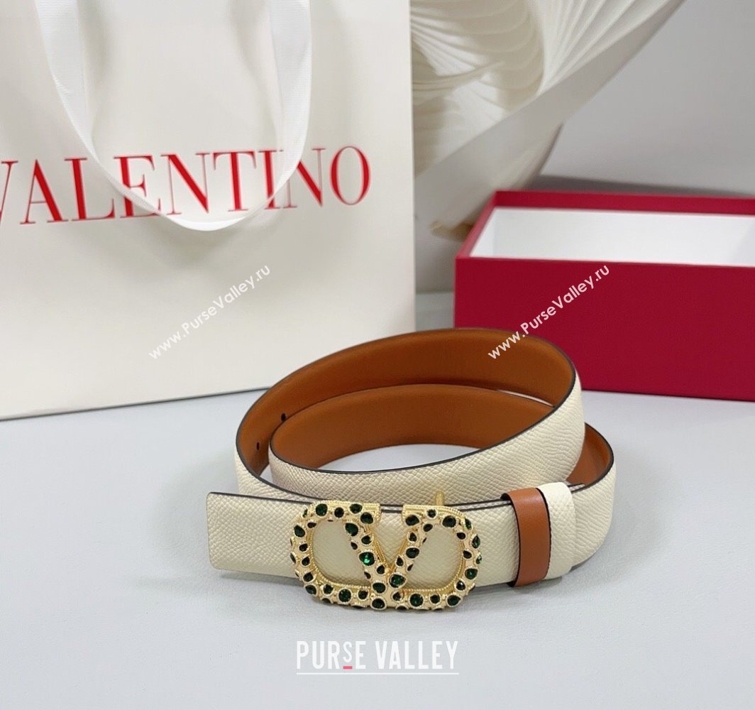 Valentino VLogo Grained Calfskin Leather Belt 3cm with Stone Buckle White/Brown 2025 0108 (99-250108061)