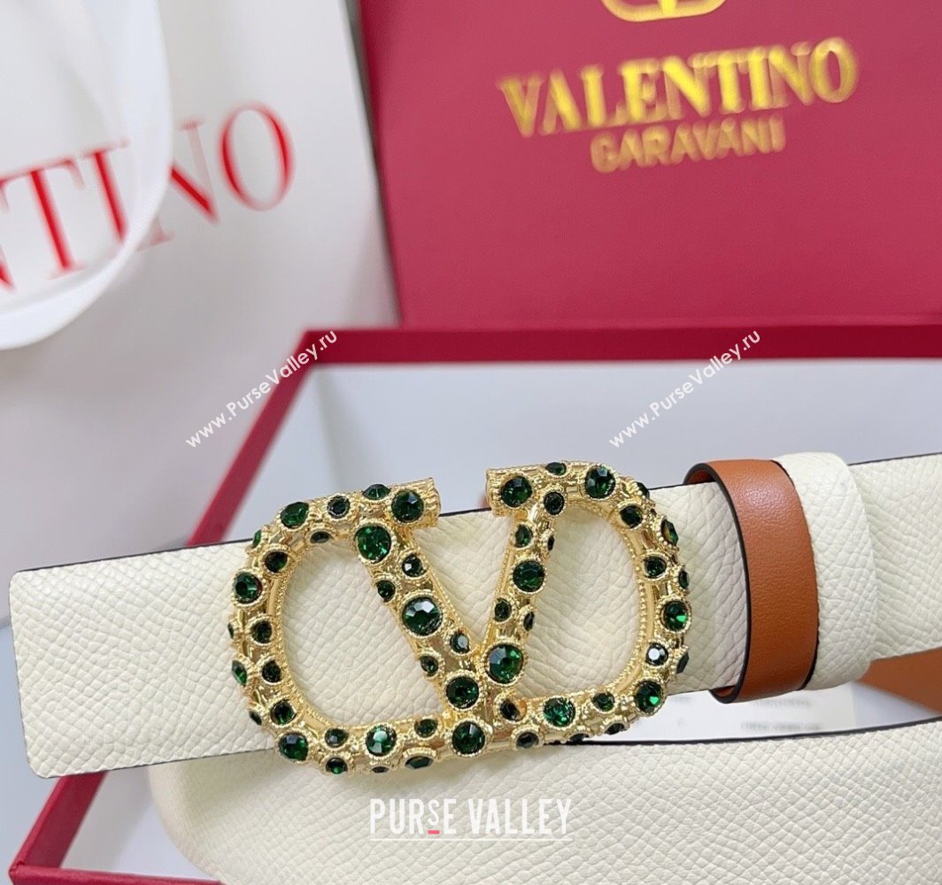 Valentino VLogo Grained Calfskin Leather Belt 3cm with Stone Buckle White/Brown 2025 0108 (99-250108061)