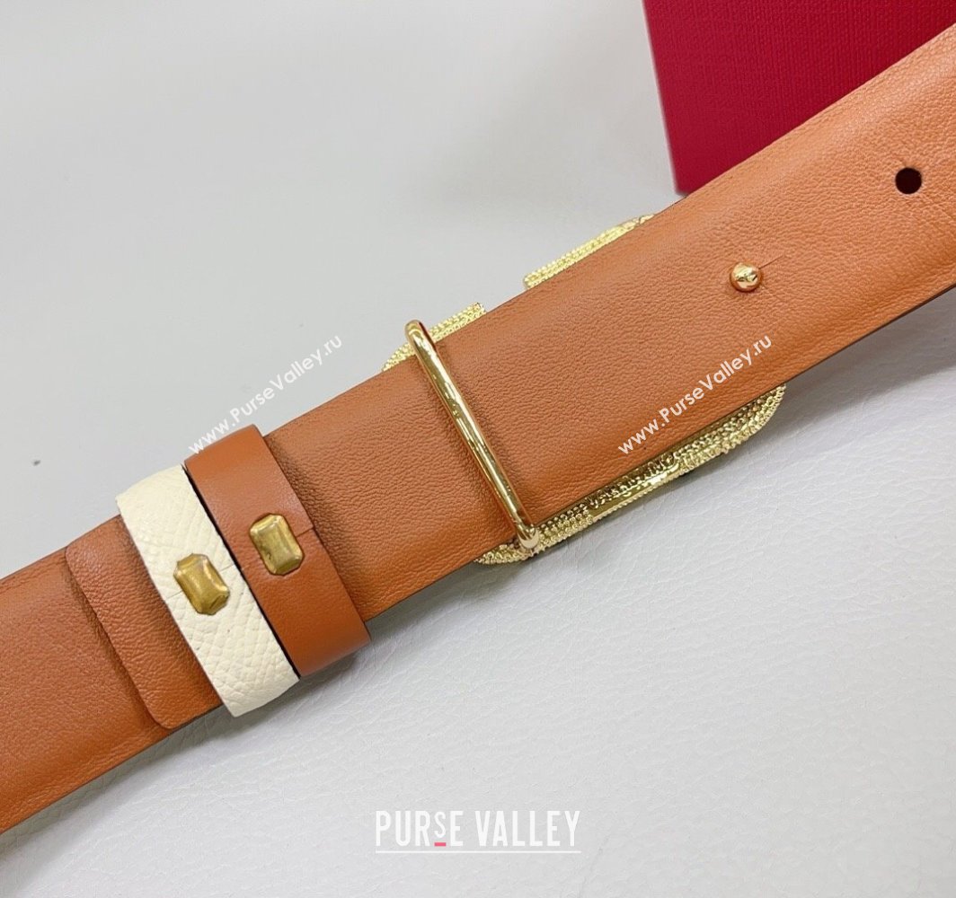 Valentino VLogo Grained Calfskin Leather Belt 3cm with Stone Buckle White/Brown 2025 0108 (99-250108061)