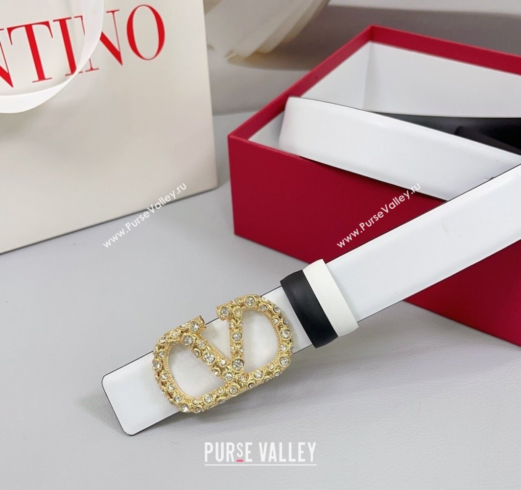 Valentino VLogo Calfskin Leather Belt 3cm with Strass Buckle White/Black 2025 0108 (99-250108067)