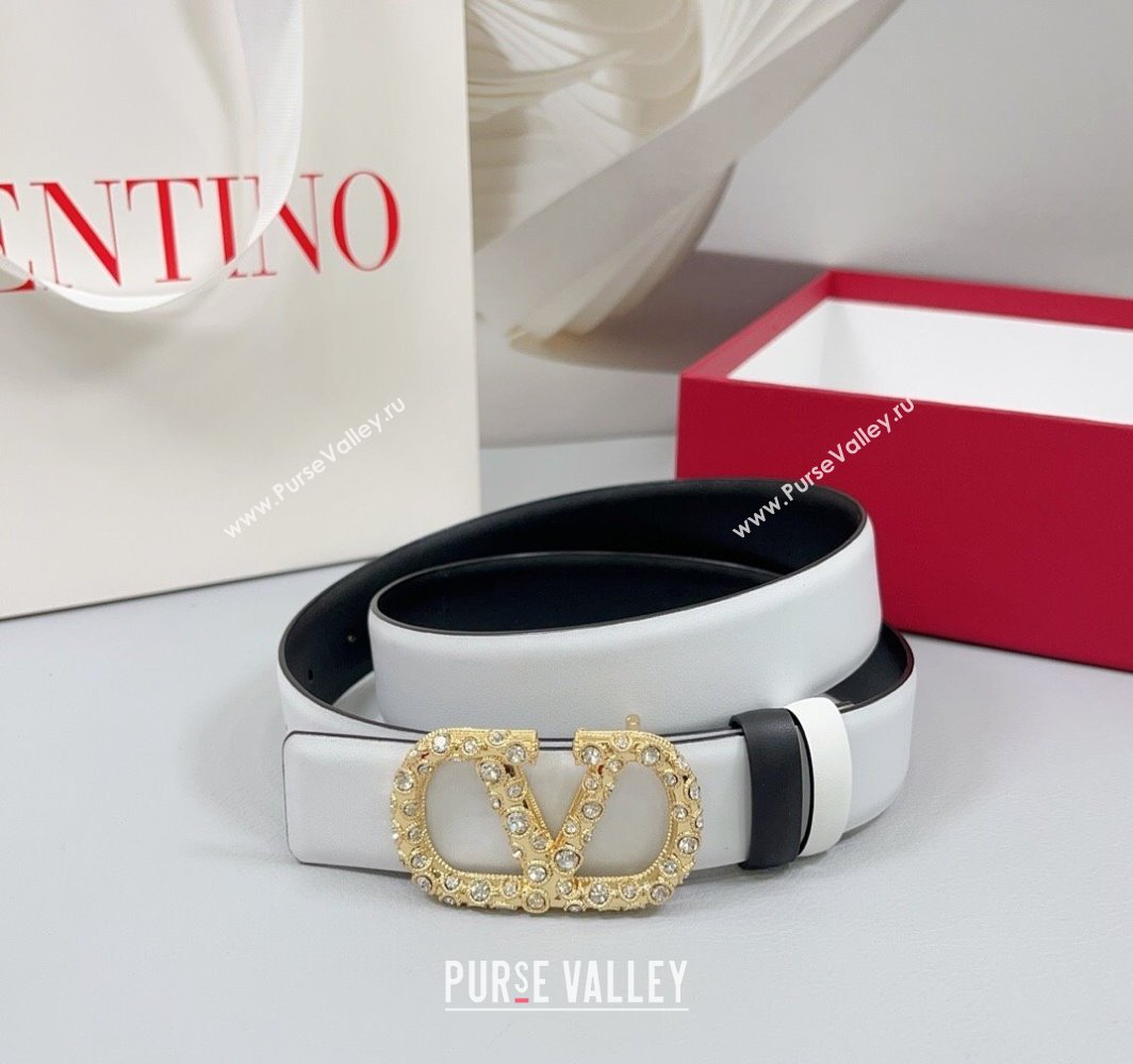 Valentino VLogo Calfskin Leather Belt 3cm with Strass Buckle White/Black 2025 0108 (99-250108067)