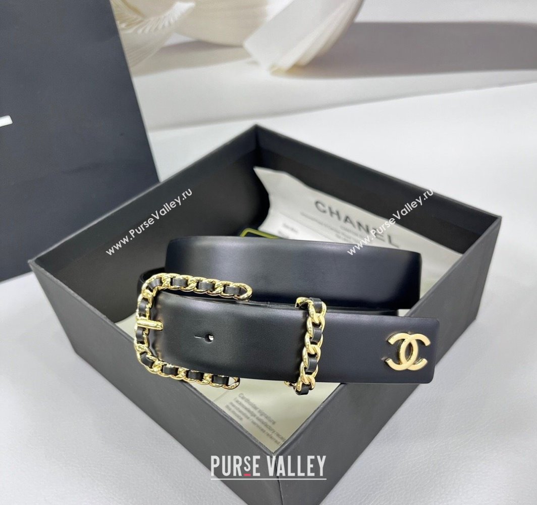 Chanel Calfskin Leather Belt 3cm with Chain Black/Gold 2025 AAA600 (99-250109001)