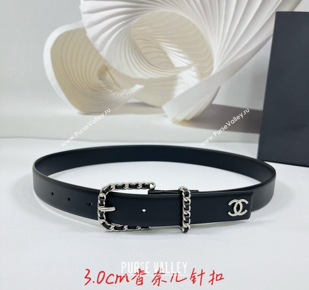 Chanel Calfskin Leather Belt 3cm with Chain Black/Silver 2025 AAA600 (99-250109002)