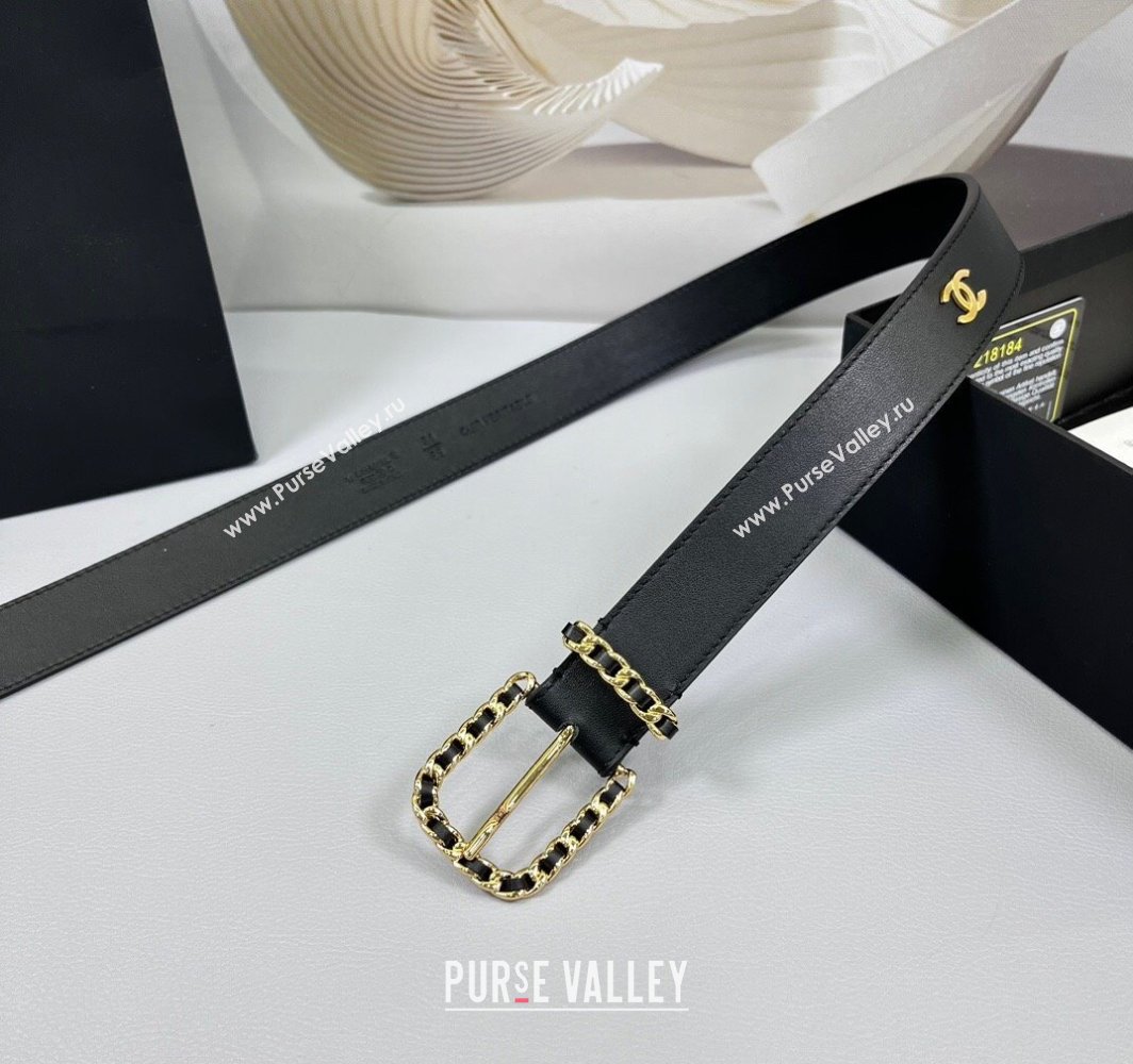 Chanel Calfskin Leather Belt 3cm with Chain and CC Black 2025 AAA600 (99-250109006)