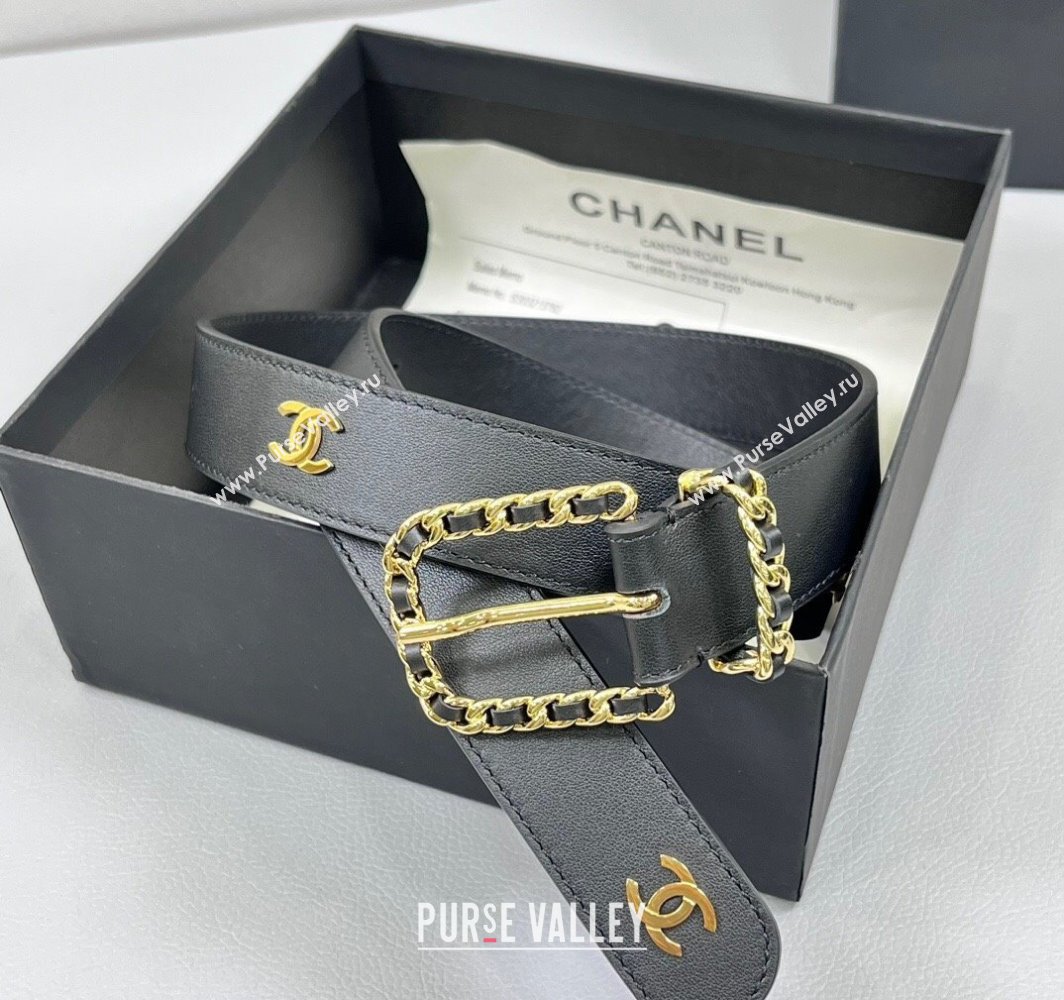 Chanel Calfskin Leather Belt 3cm with Chain and CC Black 2025 AAA600 (99-250109006)