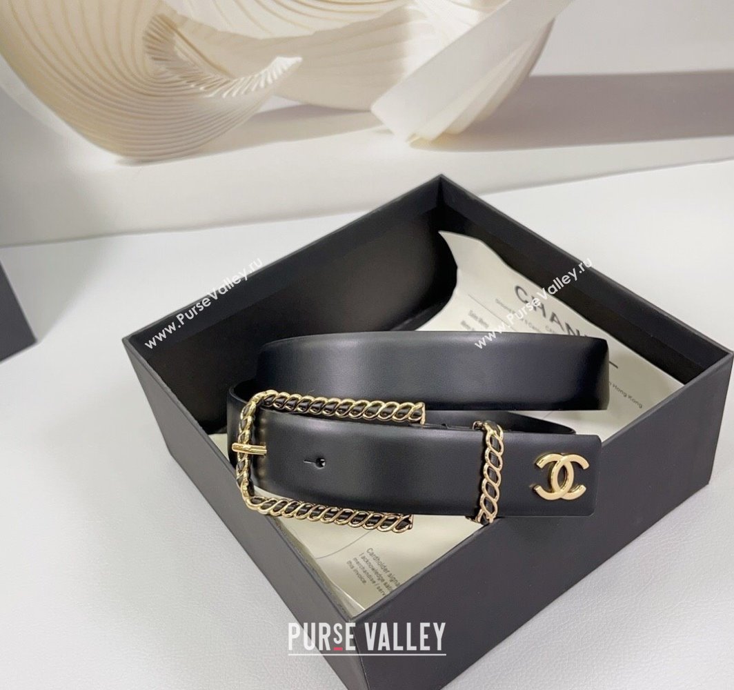 Chanel Calfskin Belt 3cm with Chain and Long Buckle Black/Gold 2025 AAA600 (99-250109017)