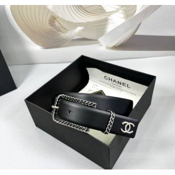 Chanel Calfskin Belt 3cm with Chain and Long Buckle Black/Silver 2025 AAA600 (99-250109018)