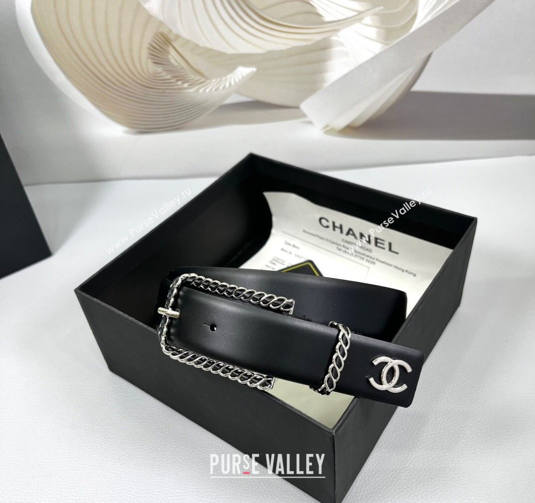 Chanel Calfskin Belt 3cm with Chain and Long Buckle Black/Silver 2025 AAA600 (99-250109018)