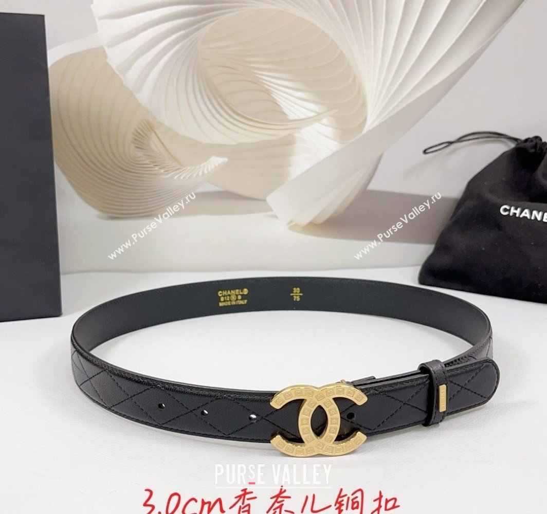 Chanel Quilted Calfskin Belt 3cm with CC Logo Buckle Black/Gold 2025 CH010901 (99-250109025)