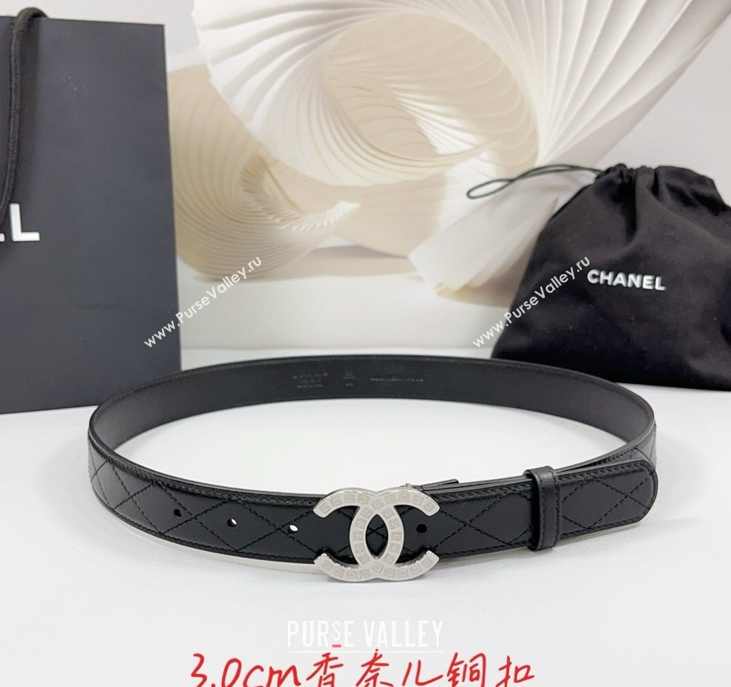 Chanel Quilted Calfskin Belt 3cm with CC Logo Buckle Black/Silver 2025 CH010901 (99-250109026)