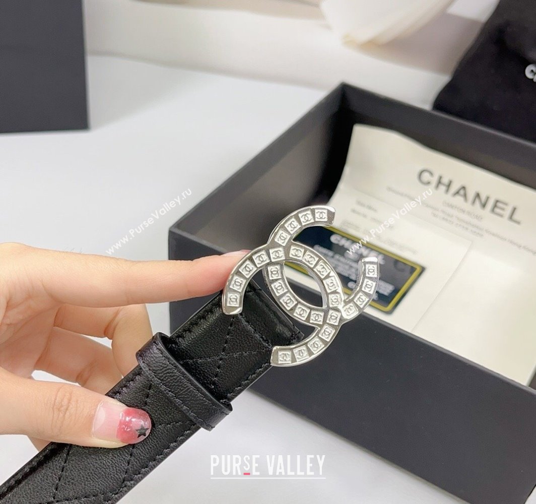 Chanel Quilted Calfskin Belt 3cm with CC Logo Buckle Black/Silver 2025 CH010901 (99-250109026)