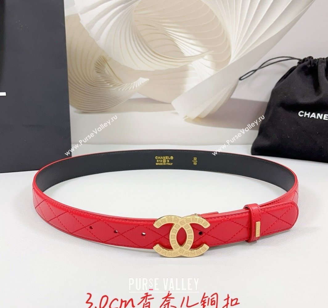 Chanel Quilted Calfskin Belt 3cm with CC Logo Buckle Red 2025 CH010901 (99-250109029)