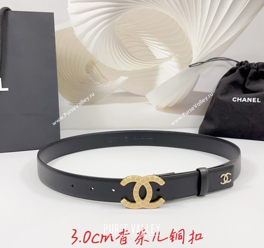 Chanel Calfskin Leather Belt 3cm with CC Logo Buckle Black/Gold 2025 CH010901 (99-250109033)