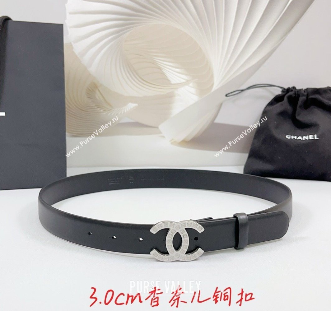 Chanel Calfskin Leather Belt 3cm with CC Logo Buckle Black/Silver 2025 CH010901 (99-250109034)