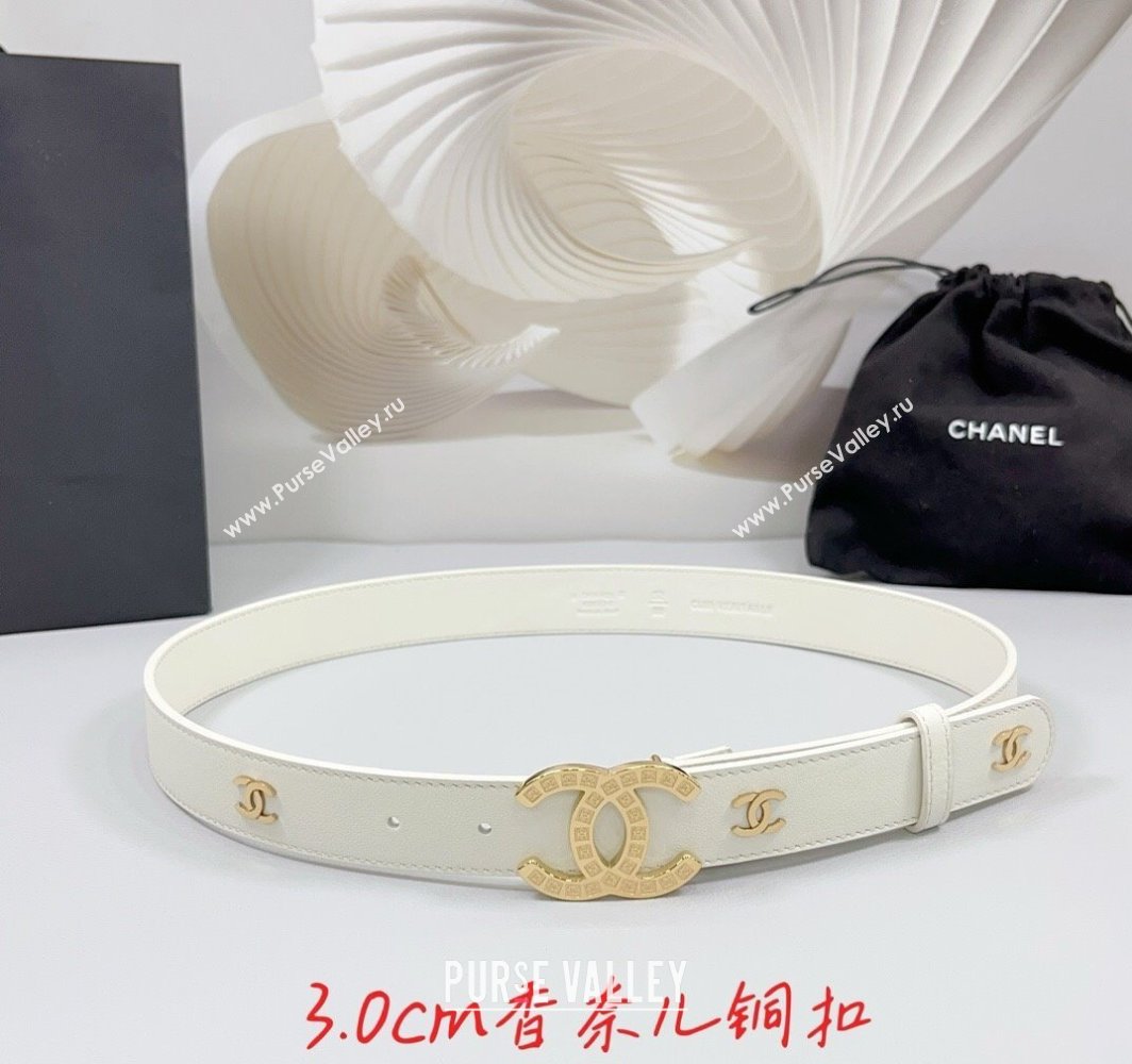 Chanel Calfskin Leather Belt 3cm with CC Logo Buckle White/CC 2025 CH010901 (99-250109036)