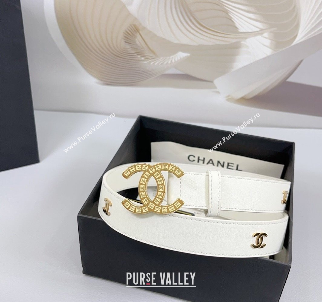 Chanel Calfskin Leather Belt 3cm with CC Logo Buckle White/CC 2025 CH010901 (99-250109036)