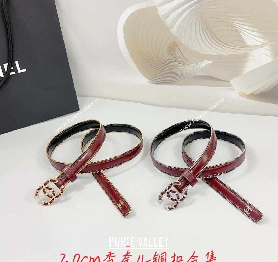 Chanel Calfskin Leather Belt 2cm with Chain CC and Zip Trim Dark Burgundy 2025 CH010902 (99-250109060)